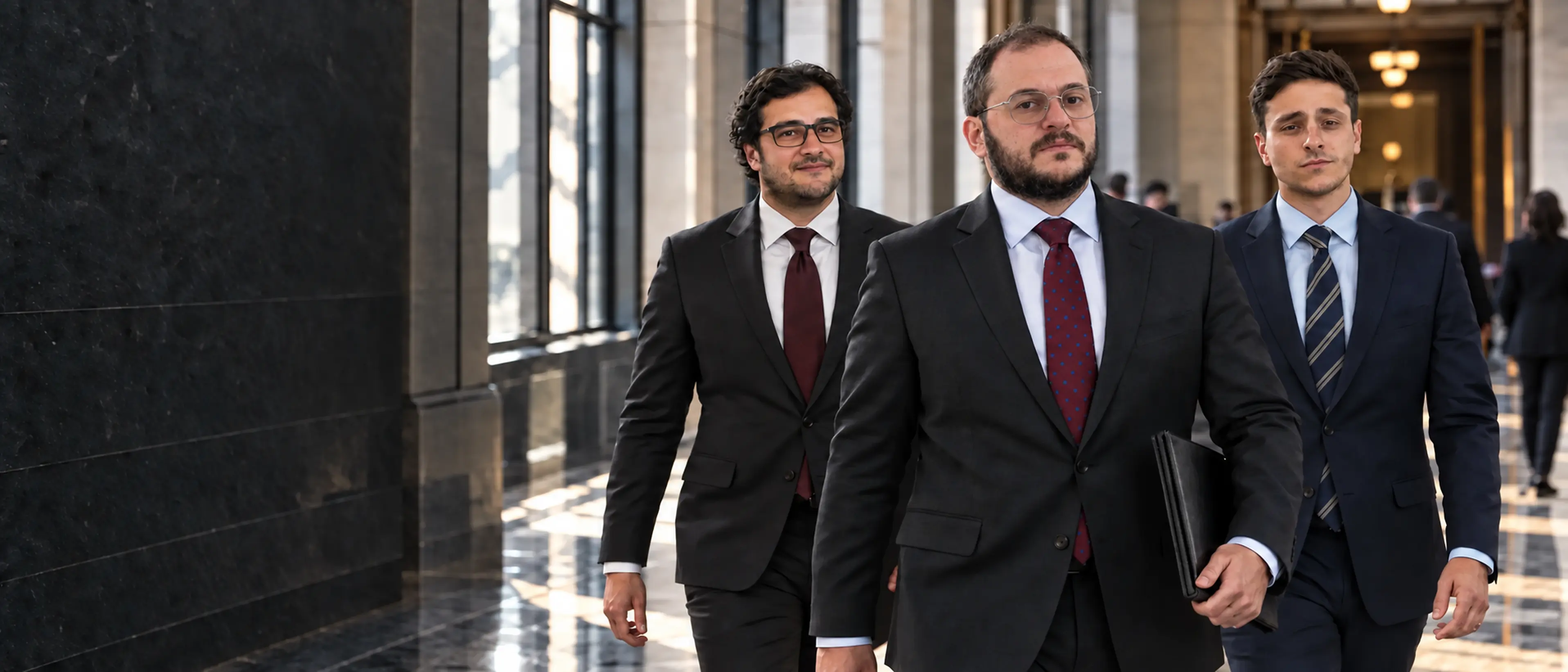 Attorneys walking through a courthouse corridor